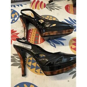 Casadei Leather Platform Patent Leather Black Sz 5.5 Strappy Animal Print Heels